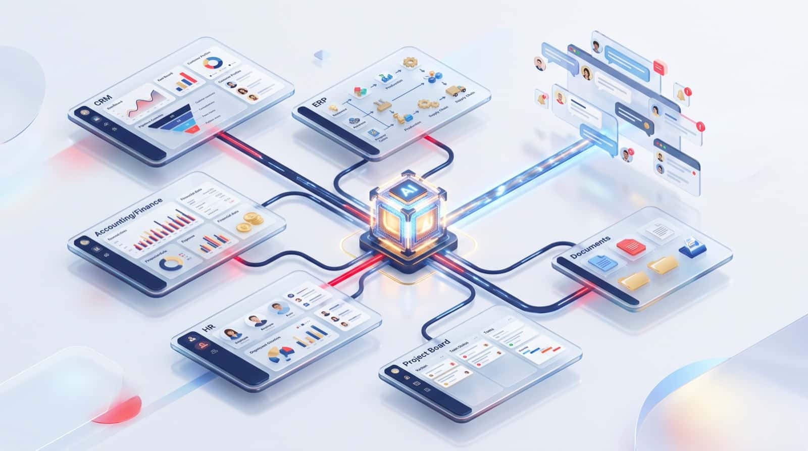 CRM, ERP, HR, finance and document systems connected through one AI hub