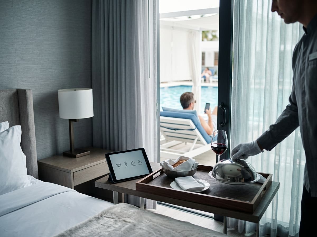 Hotel staff delivering an in-room order while a guest relaxes by the pool