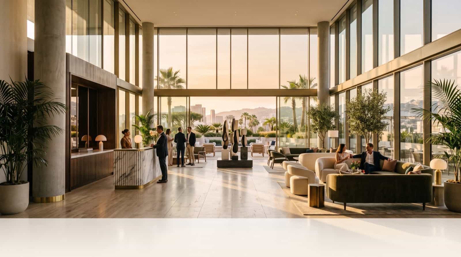 Hotel lobby with front-desk staff and guests