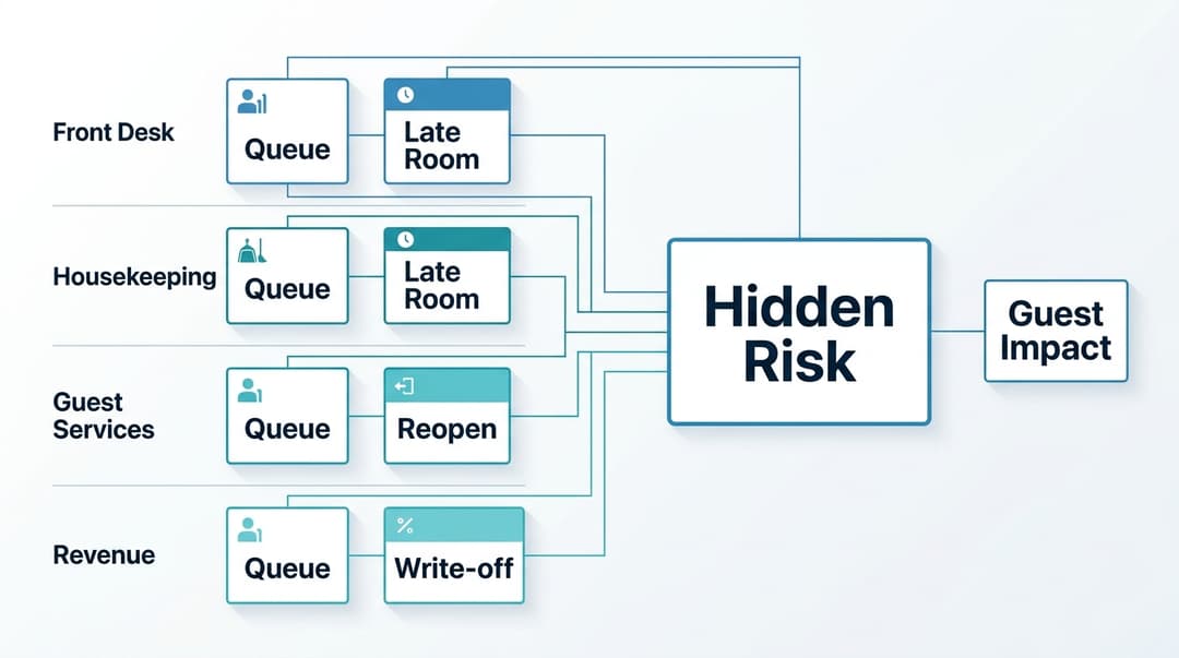 Diagram showing front desk, housekeeping, guest services, and revenue signals converging into one hidden hotel operational risk.
