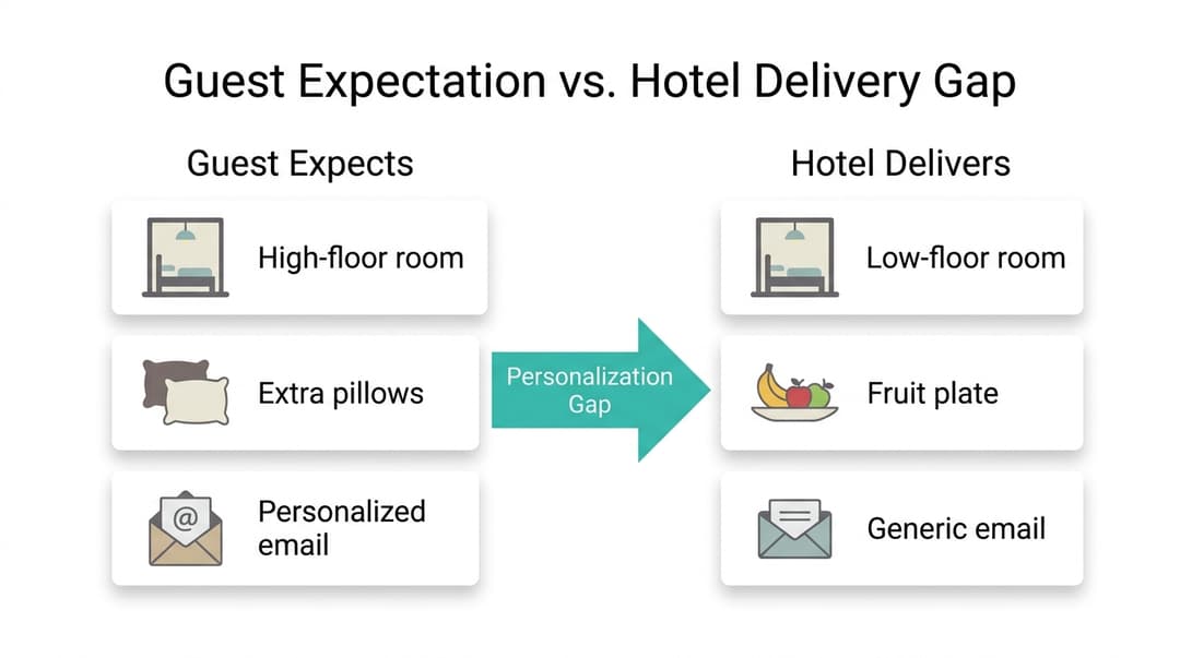 Comparison of guest expectations (high-floor, pillows, personal email) vs. hotel delivery (low-floor, fruit plate, generic email) with gap arrow