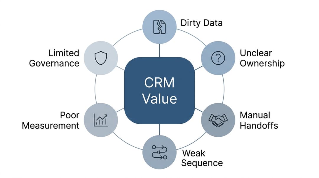 Hub-and-spoke diagram showing six CRM barriers: dirty data, unclear ownership, manual handoffs, weak sequence, poor measurement, limited governance.