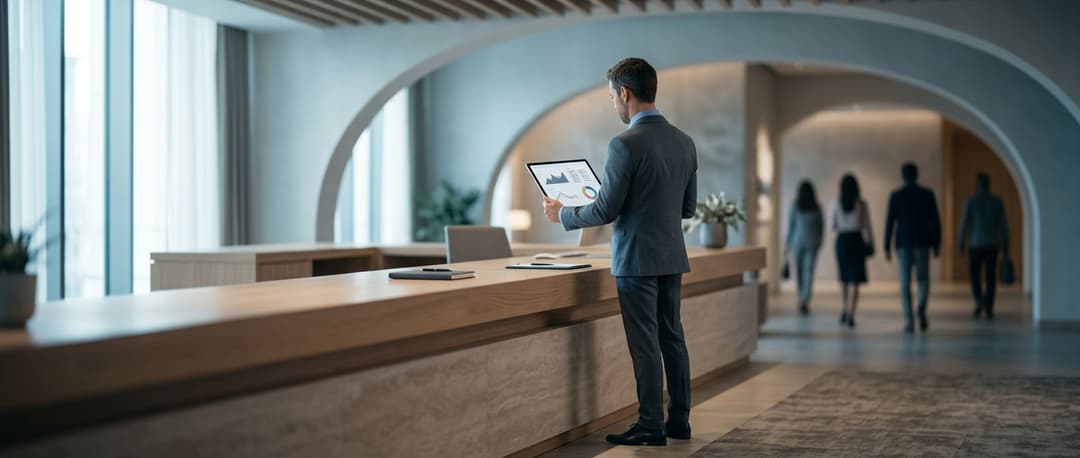 Isometric illustration: A hotel manager in professional attire stands at the reception desk, back to camera, studying sentiment analysis dashboa