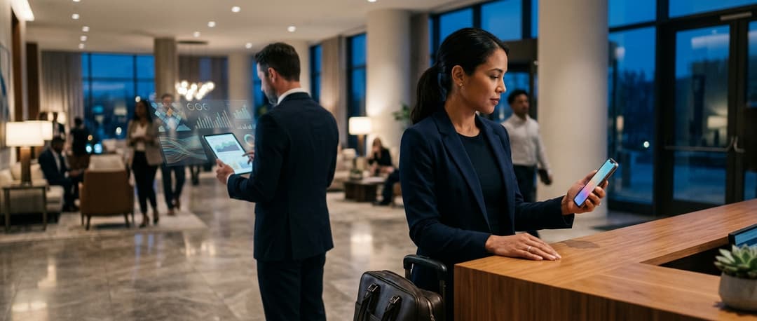 Isometric illustration: A hotel lobby at dusk with a traveler checking in via smartphone in the foreground, while in the softly blurred backgrou