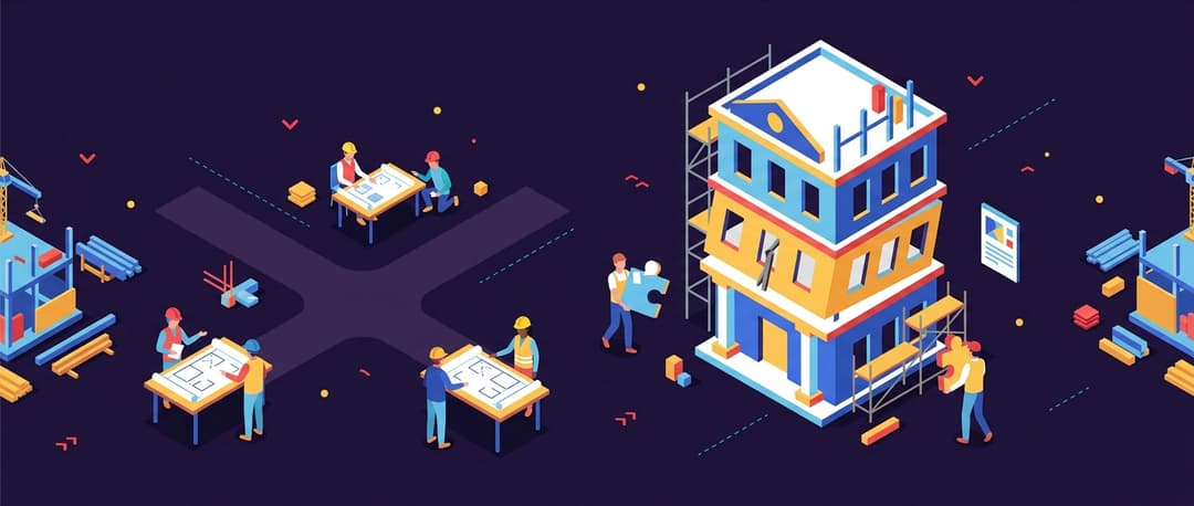 Isometric illustration: A three-story bank building under construction with the middle floor tilted and missing support beams, faceless workers