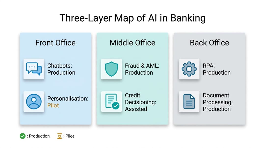 Three-column visual mapping front, middle, and back office AI applications with production or pilot status.
