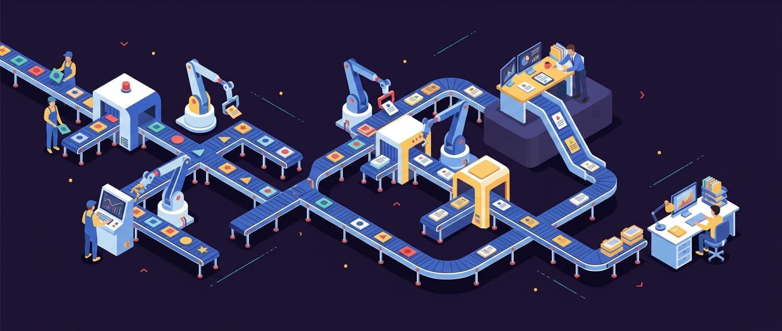 Illustration: An isometric decision diagram featuring three parallel zones connected by branching conveyor paths, where small generic