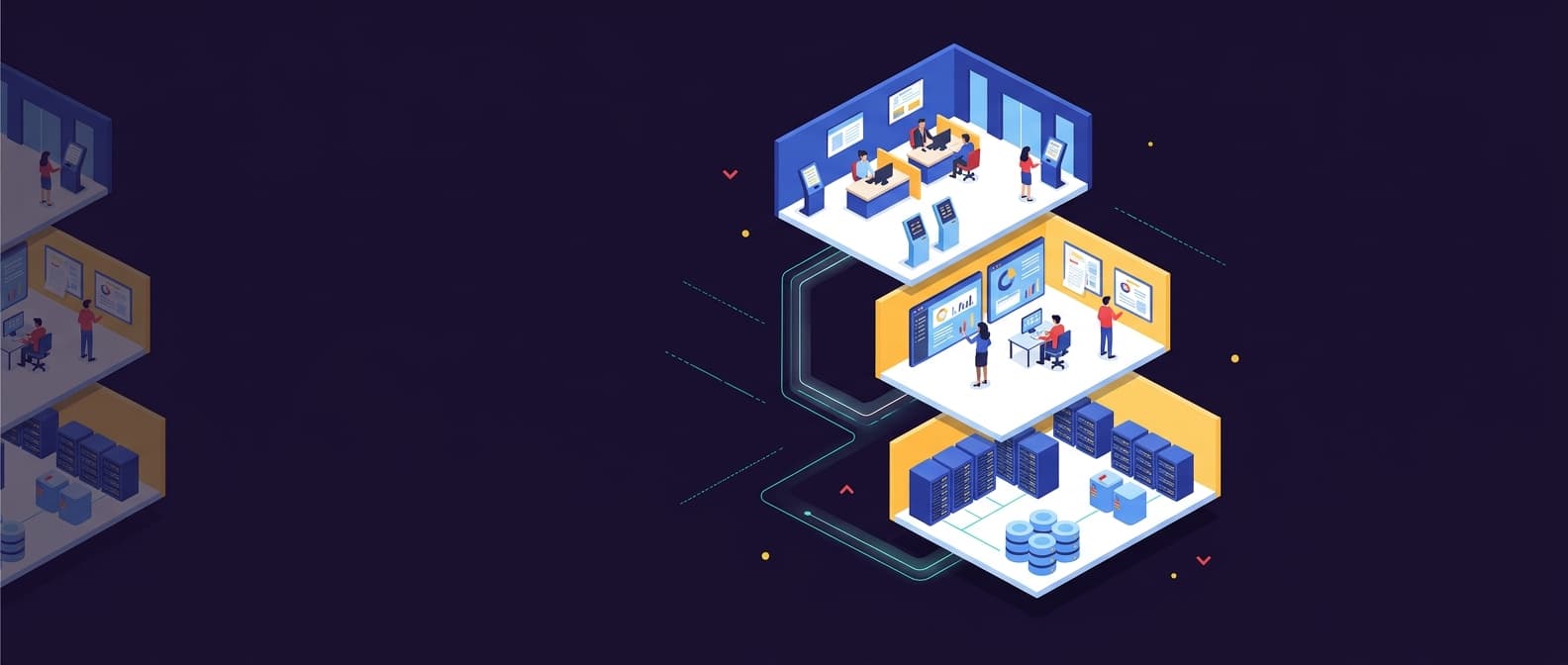 Illustration: An isometric cutaway view of a modern bank building reveals three distinct layers: a front office with customer service